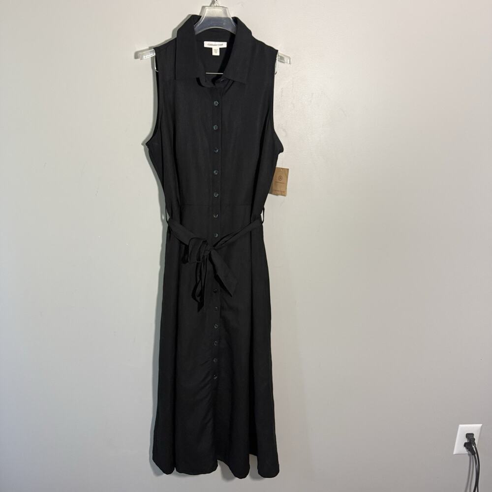 Coldwater Creek Black Linen Maxi Dress Button Front Collared Belt 14 A-line NEW - Picture 6 of 7